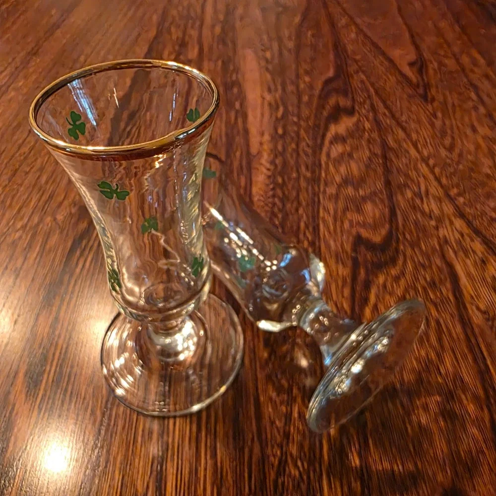 Vintage Shamrock Cordial Glasses Pair Gold Rim Irish Liqueur St Patricks Day 4